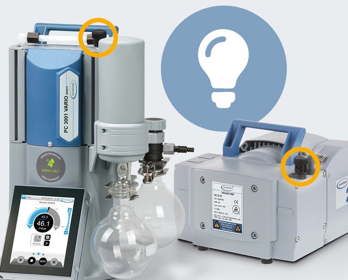 Vacuum pump models PC 3001 VARIO select and MZ 2C NT on a grey background. The integrated gas ballast is highlighted with a yellow circle for better visualization.