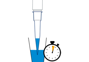 Illustration of a pipette immersed in liquid with a clock next to it to show the correct waiting period.